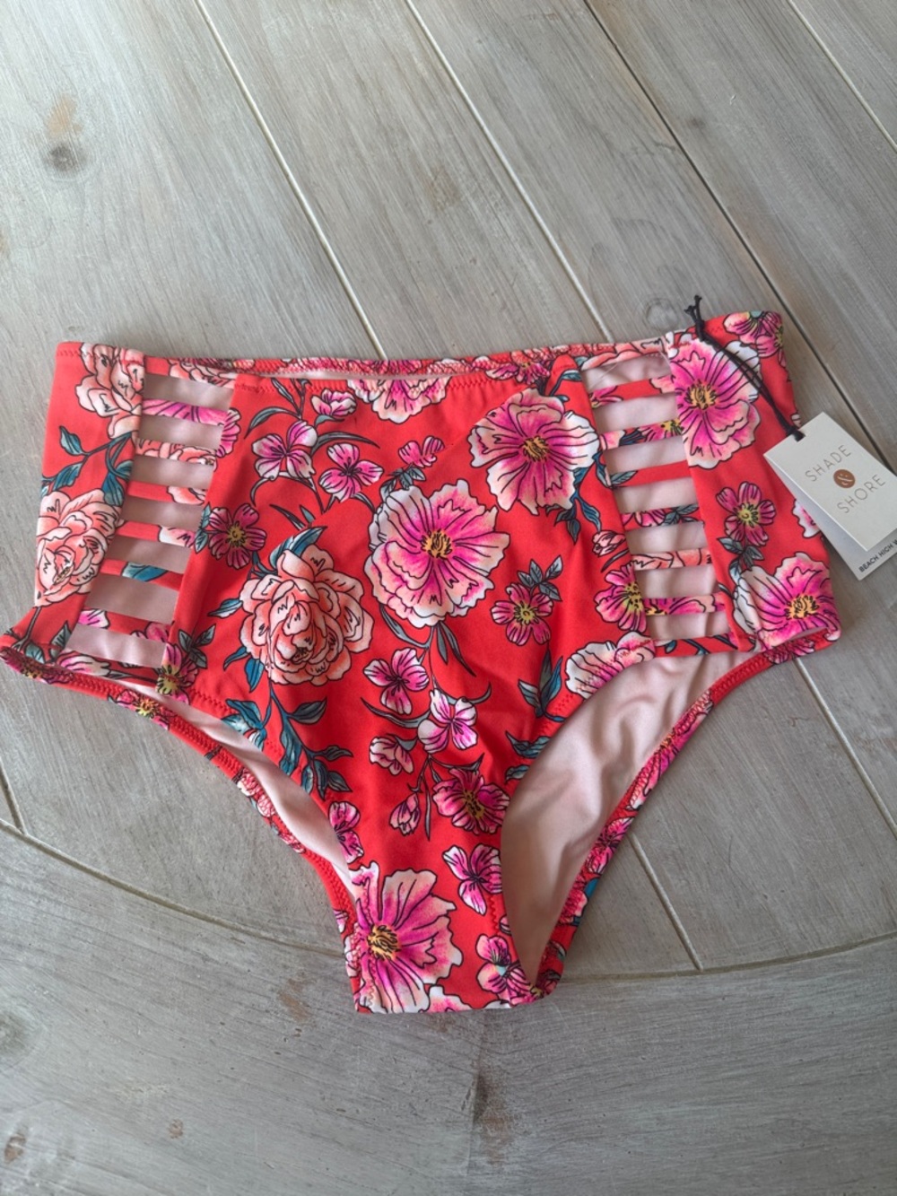 Shade & Shore Coral and Pink Floral High-Waist Bikini Bottoms